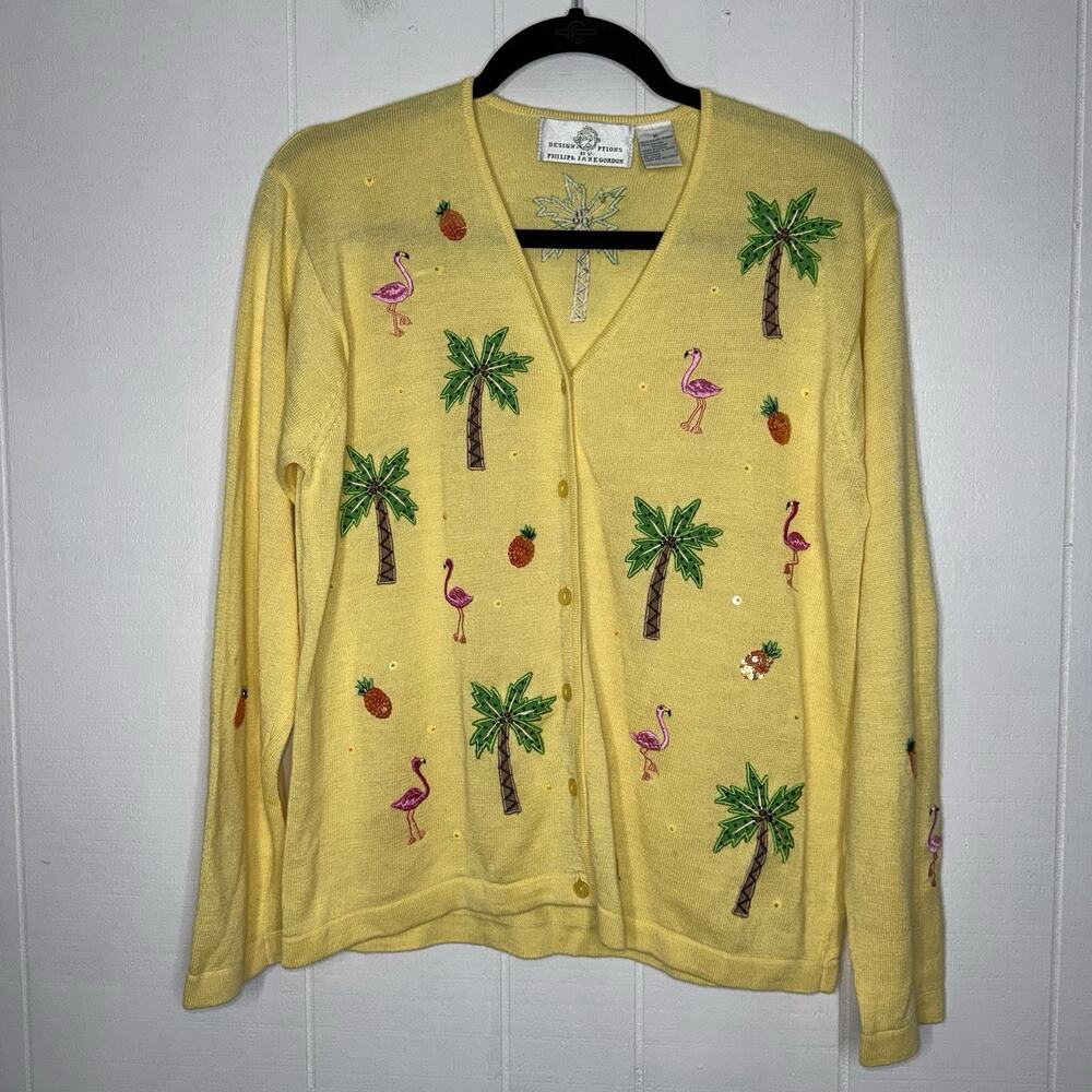 Tropical Embroidered Yellow Cardigan Sweater